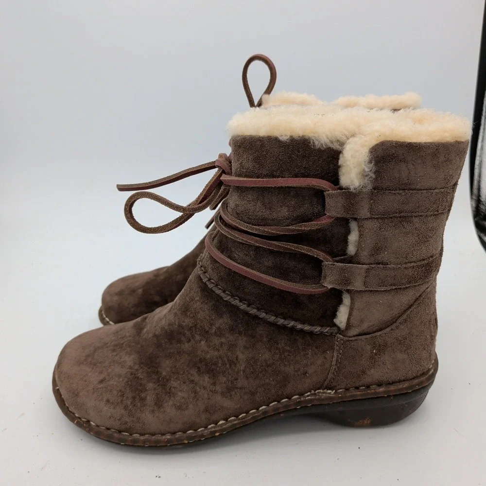 UGG Caspian Shearling 3335 Brown Suede Shearling Lace Up Mid Calf Boots Womens 7